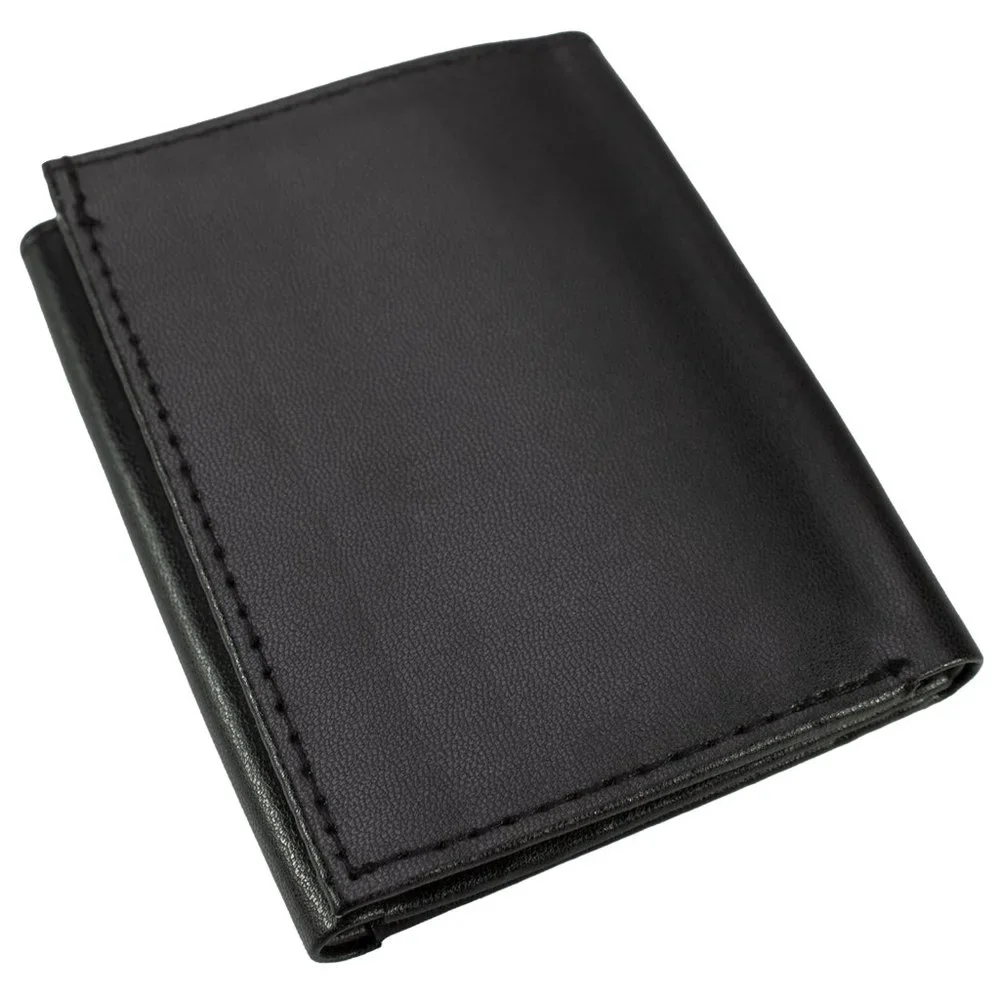 Men Trifold Wallet, Lambskin Leather Wallet Black
